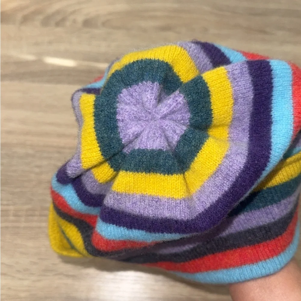 WoolOvers 100% Pure New Wool Stripe Multicolored Beanie Hat‎